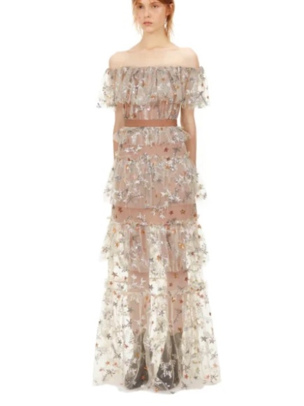 Self Potrait Star Embellished Floral Sequin Nude Maxi Dress Size 10 NWT Fall